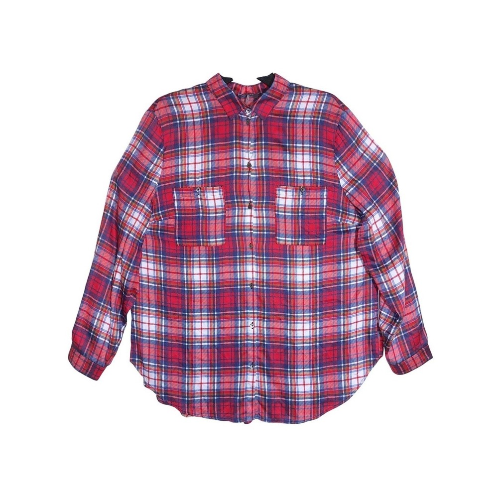 BASLER Women's Soft Red Blue Plaid Long Sleeve Button Up Shirt Comfort EUC